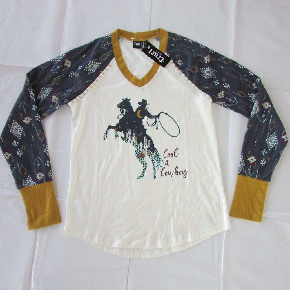 Cruel Women's Long Sleeve V Neck Raglan Cool It Cowboy T-Shirt